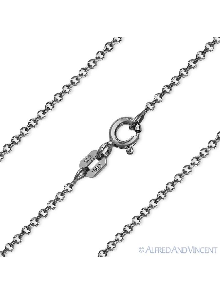 Round Rolo Cable Link Chain Necklace In .925 Sterling Silver W/ Black Rhodium